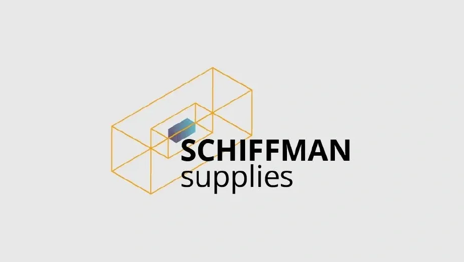 Schiffman Supplies wordmark paired with an open golden geometric frame and a coloured inner element.