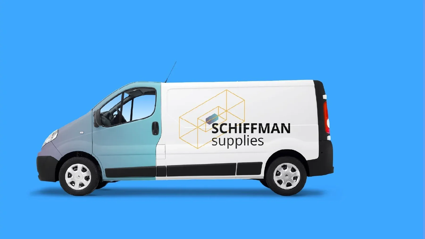 Delivery van with the Schiffman identity on its white side panel.